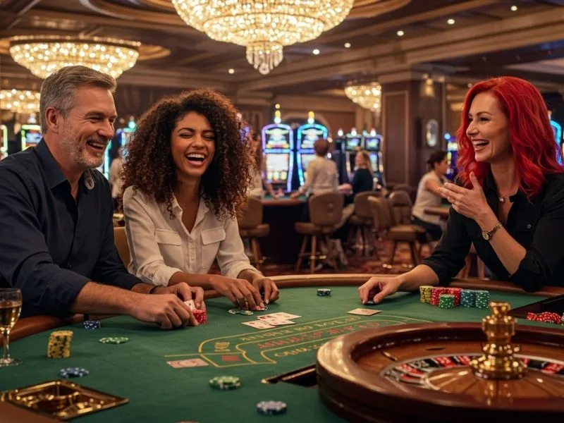 Friends laughing and enjoying gcash games together online.