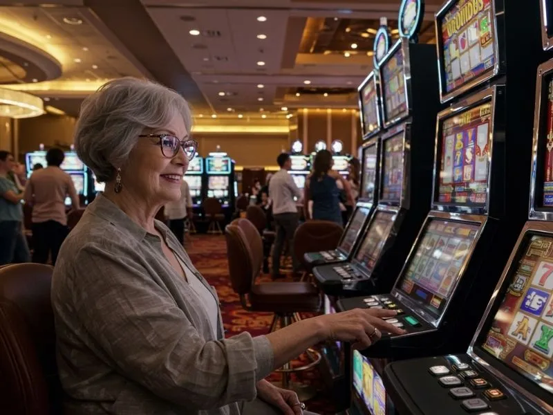 Old woman enjoying online slot machine through GCash Games on mobile