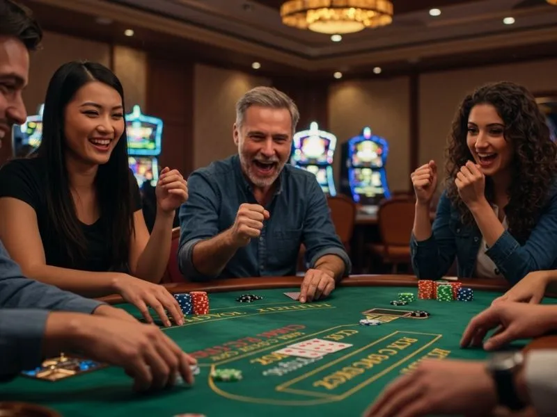 Friends happily cheering while using the GigaLife App for an exciting online experience.