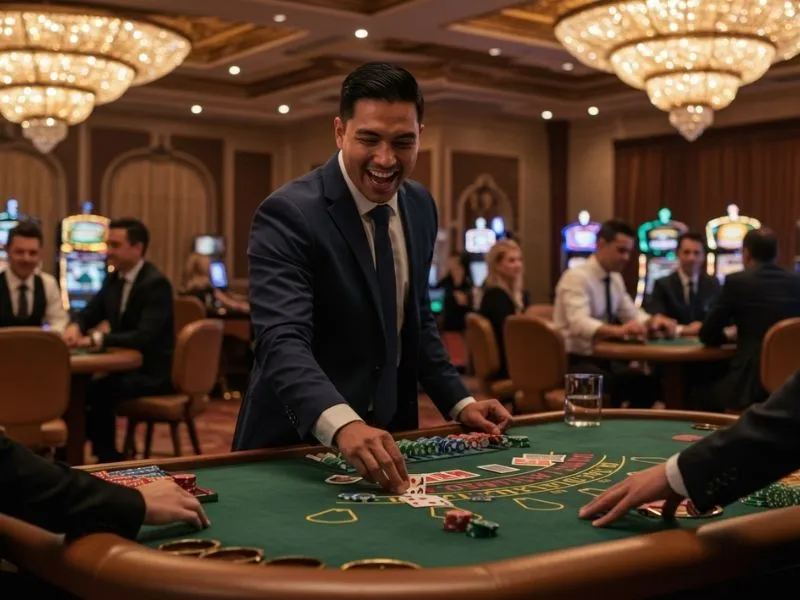 Man celebrating big winnings in online casino games using the GigaLife App