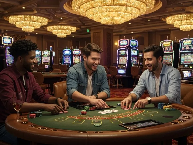 Friends enjoying poker night with GigaLife mobile data for seamless online gaming.