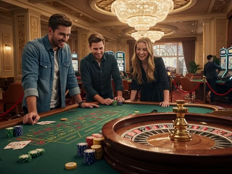 Friends enjoying roulette together with Gigalife mobile perks.