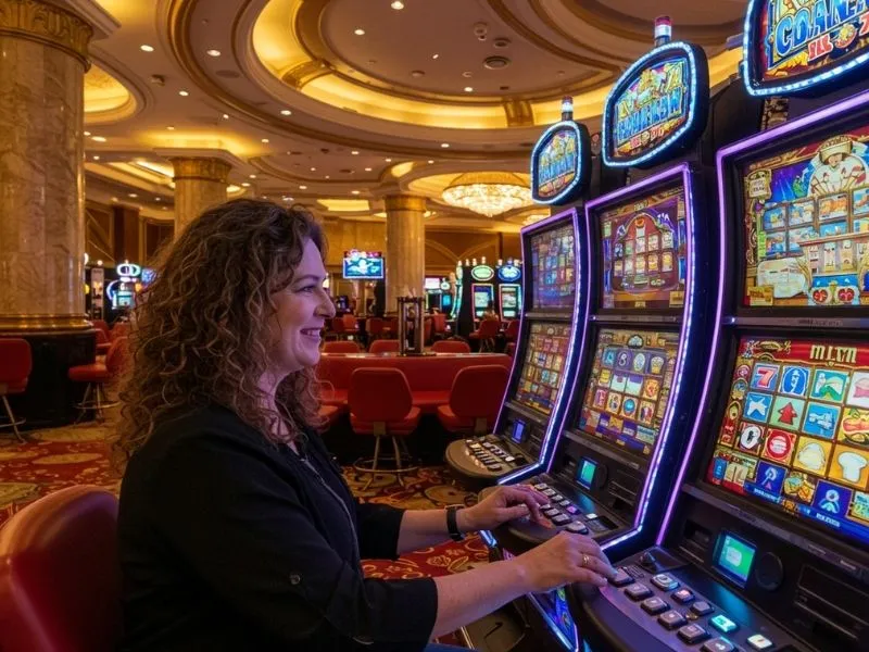 Woman enjoying online slots with Gigalife for seamless gaming experience