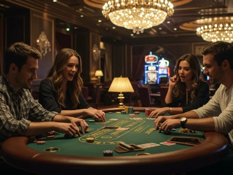 Happy couple enjoying an exciting poker game with glife for a fun online casino experience.