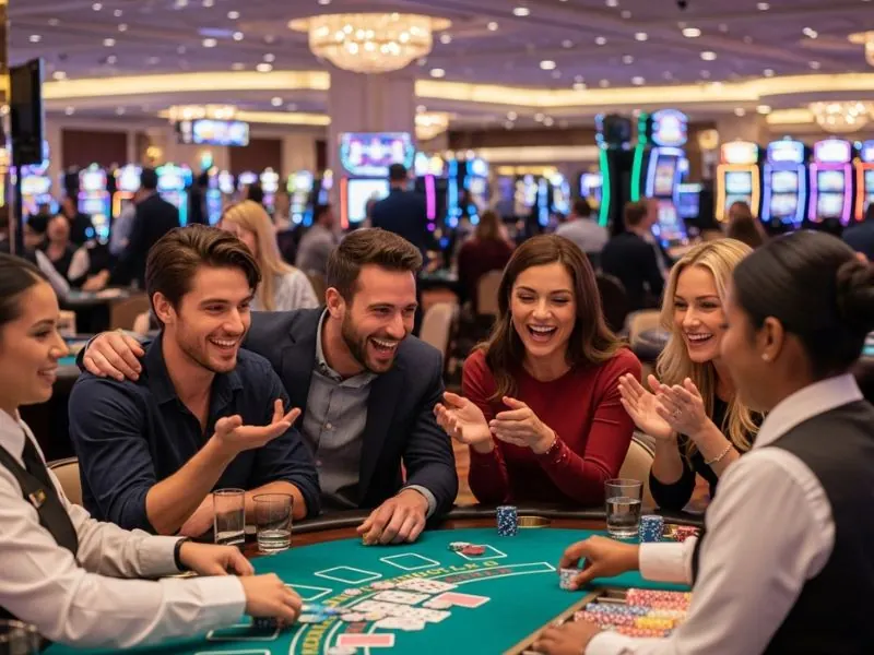 Group of friends enjoying live dealer games while playing Bente Uno game.
