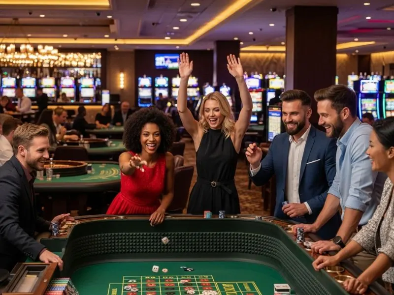 Woman confidently going all-in at the poker table, playing Bente Uno game.