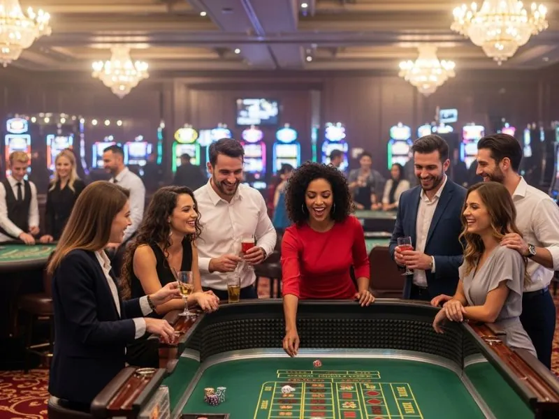 Group of friends gathered around a blackjack table at Galaxy Bet Casino, enjoying the game.