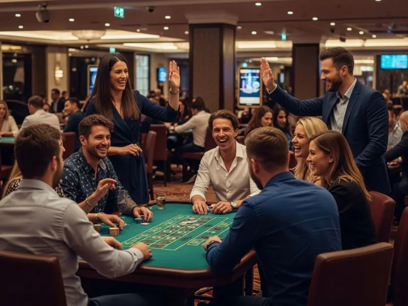 Man high-fiving friends after winning in blackjack at Galaxy Bet Casino.