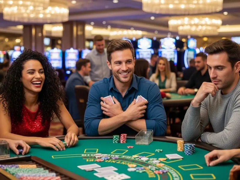 Player holding a winning hand in a poker game, enjoying Galaxy Bet Casino success.