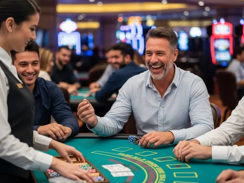 Friends cheering during an intense poker round while enjoying the thrill of octopus ride perya.