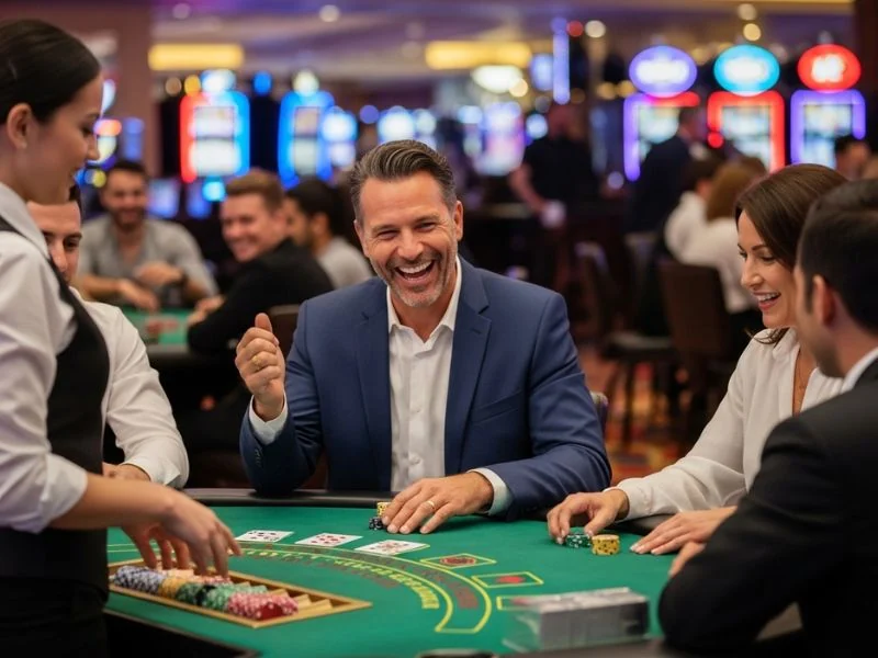 Group laughing while playing blackjack together, reflecting the fun and energy of octopus ride perya.
