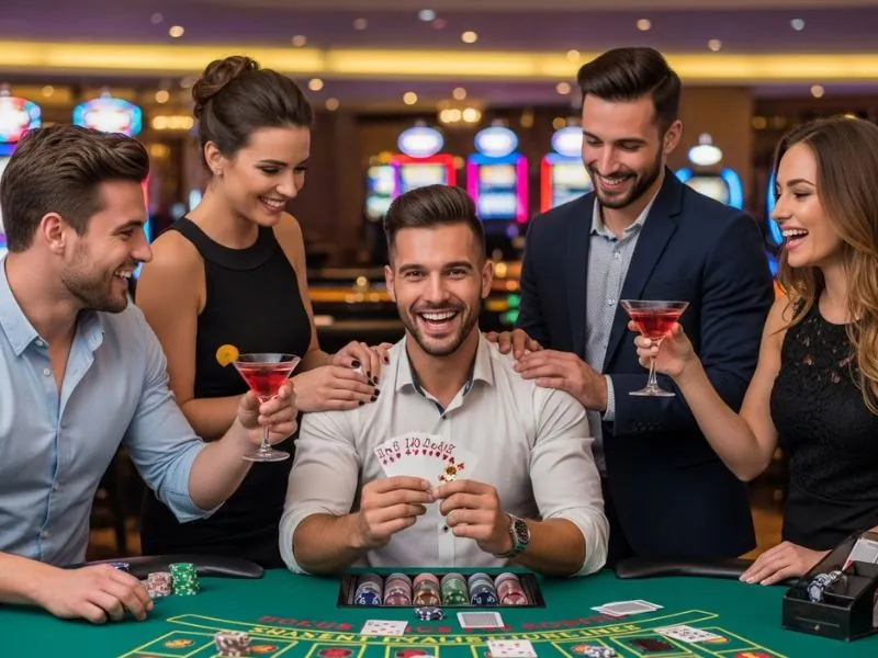 Player smiling while flipping poker cards, reflecting the lively vibe of octopus ride perya.