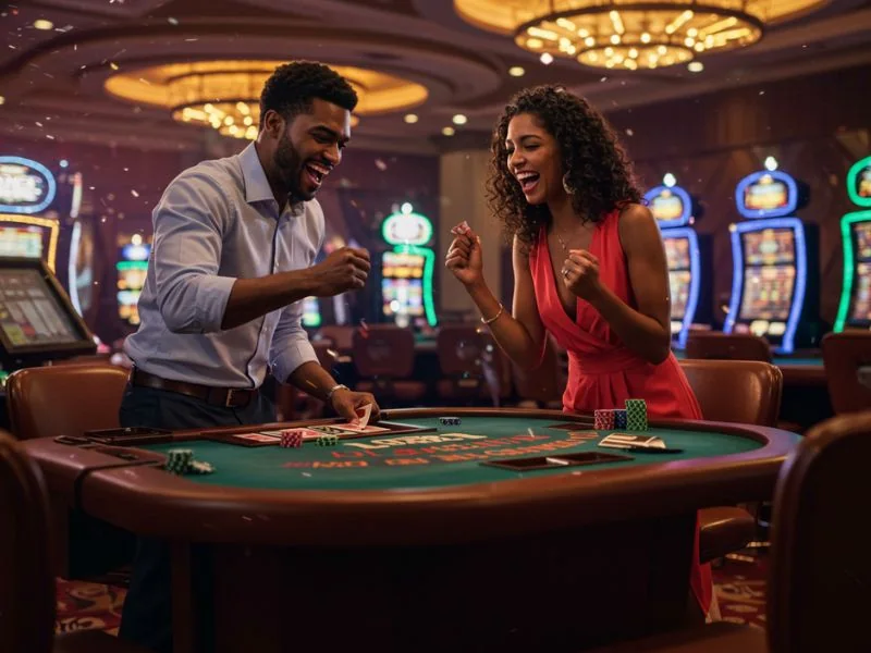 OKEBET 3 happy couple excited for their winning moment at the casino table.