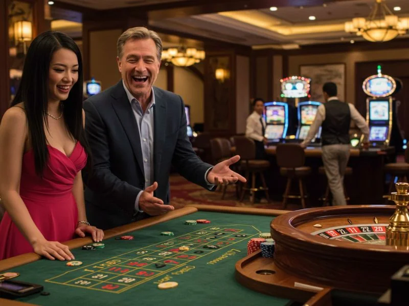 OKEBET 3 happy dad enjoys teaching his lovely daughter how to play casino games.