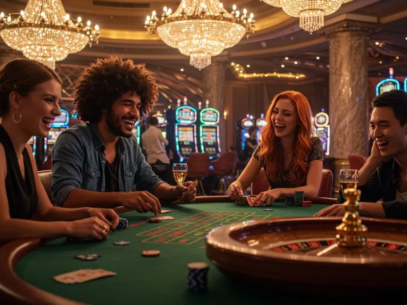 OKEBET 3 happy group of friends enjoys winning at the casino with excitement and cheers.