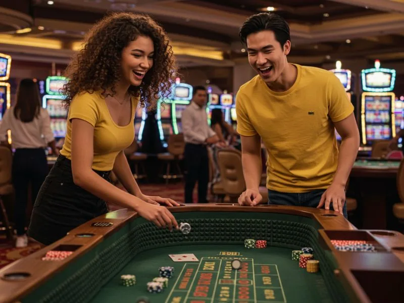 OKEBET agent system happy couple enjoys casino games with smiles and excitement.