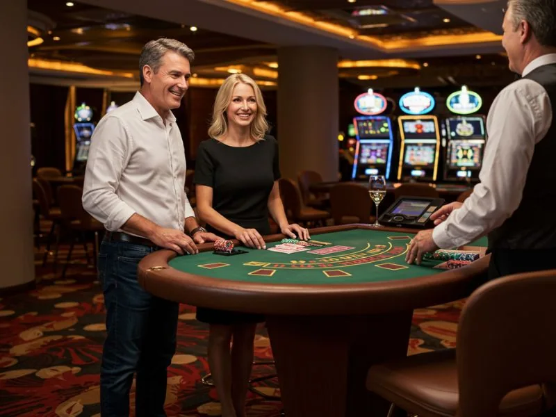 OKEBET agent system happy couple enjoys playing casino games together with joy.