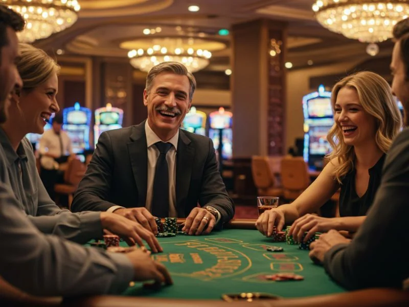 OKEBET Login business friends enjoys casino night filled with laughter and excitement.