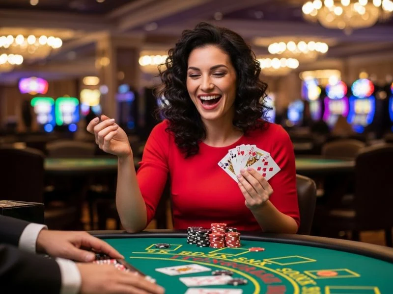 Woman laughing after the dealer reveals cards at the Perya Color Game board.