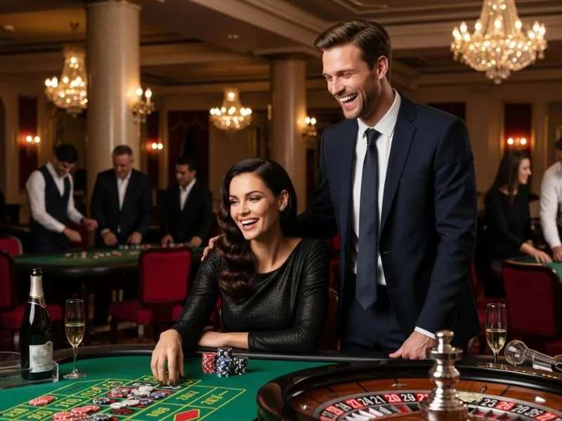 Players enjoying casual drinks while waiting for their turns at Scatters Casino.