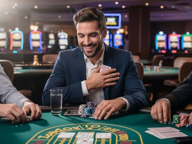 Man smiling while holding playing cards at an uno bet casino table