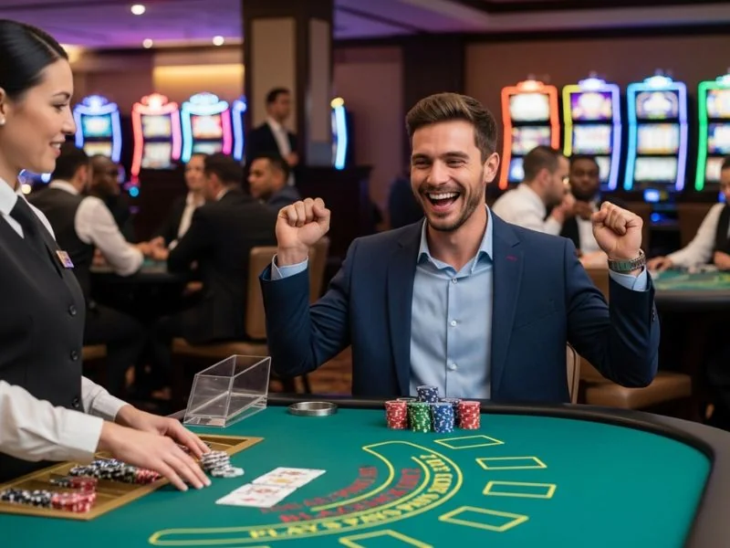Man raising his hand in excitement after winning a jackpot while learning uno blocks game rules