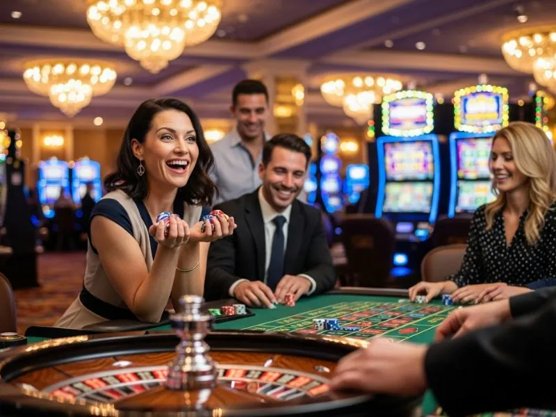 A woman holding a stack of casino chips while learning uno blocks game rules