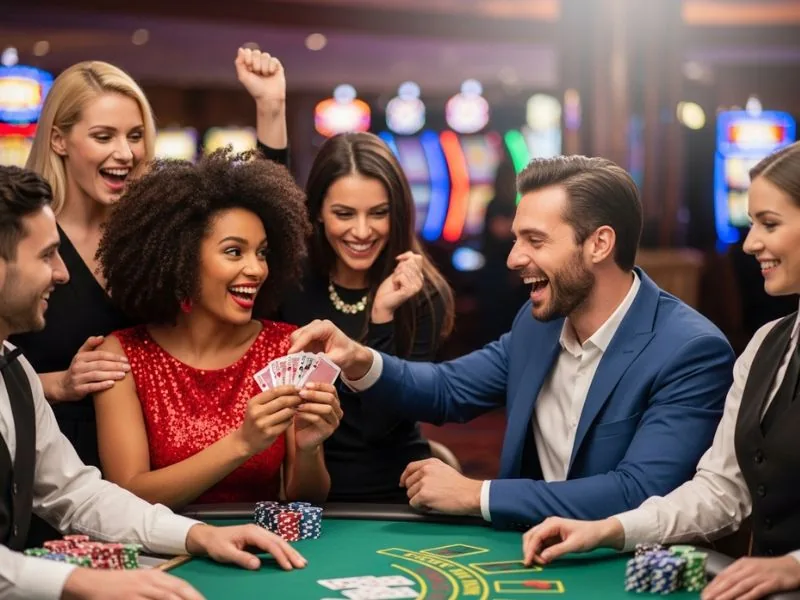 Players celebrating small wins like big victories while playing Uno Dare card game.