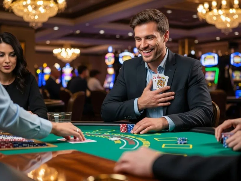 Happy players laughing while bluffing in a card game, enjoying Uno Dare card game.
