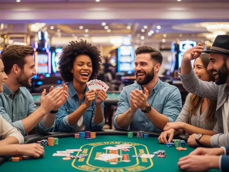 Group laughing together at the table while playing Uno Dare card game.