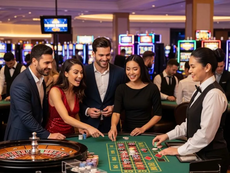 Woman confidently going all-in at the poker table, illustrating Uno Stacko game rules.