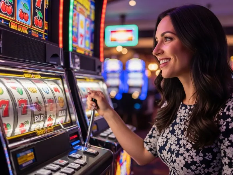 Go Perya Talpak login lady smiling while spinning slot reels.