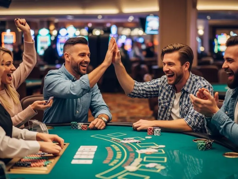 Go Perya Talpak login man high-fiving friends after winning in blackjack.