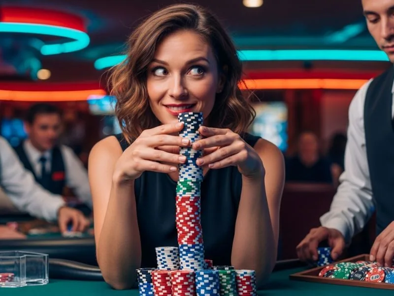 Go Perya Talpak login woman holding a stack of casino chips.