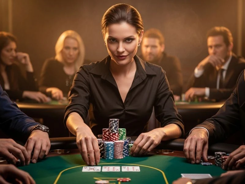 Perya Color Game Online woman confidently going all-in at the poker table.