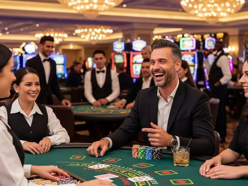 Friends cheering at Perya Games during an intense poker round.