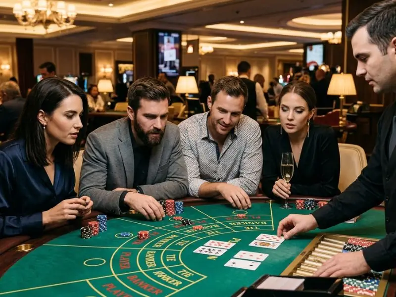 Friends concentrating on a winning hand while playing baccarat at an Extreme online casino