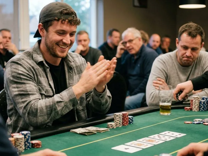 Man clapping and celebrating after hitting a poker flush at an Extreme online casino