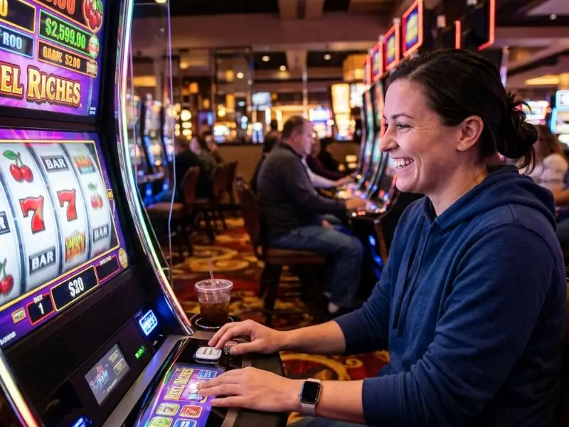 Player smiling as the reels spin on a slot machine at a PCSO online casino