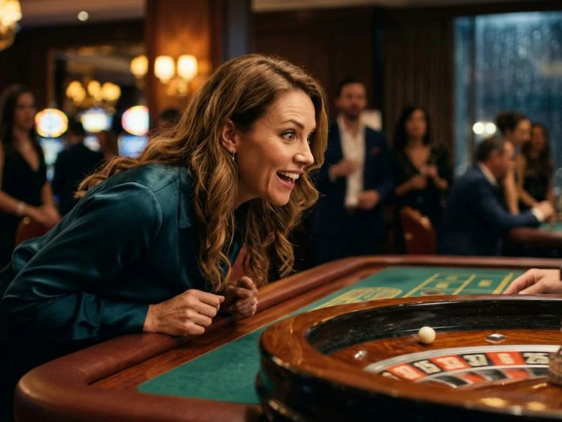 Woman leaning forward in anticipation while playing roulette on a PCSO online casino platform