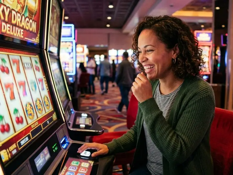 Woman smiling as the reels spin on a slot machine at a PCSO online casino