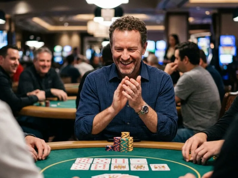 Man clapping and celebrating after hitting a poker flush on a Resorts World online casino platform