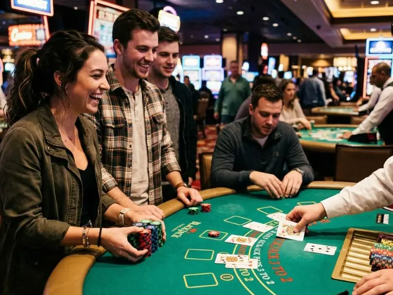 Woman holding chips and laughing while watching a blackjack game on a Resorts World online casino platform