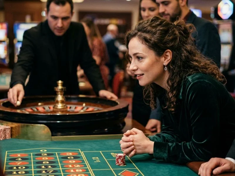 Woman leaning forward in anticipation while playing roulette on a Resorts World online casino platform