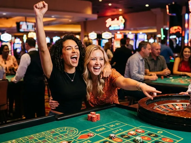 Friend cheering after the roulette ball lands on red at a Ruby online casino