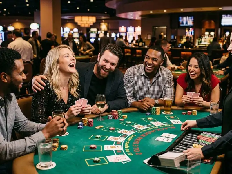 Group laughing and enjoying themselves while playing at a blackjack table in a Ruby online casino