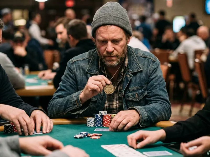 Man holding a lucky charm while playing poker at a Ruby online casino