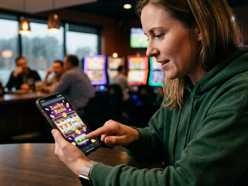 Player tapping the screen to spin an online slot at a Ruby online casino