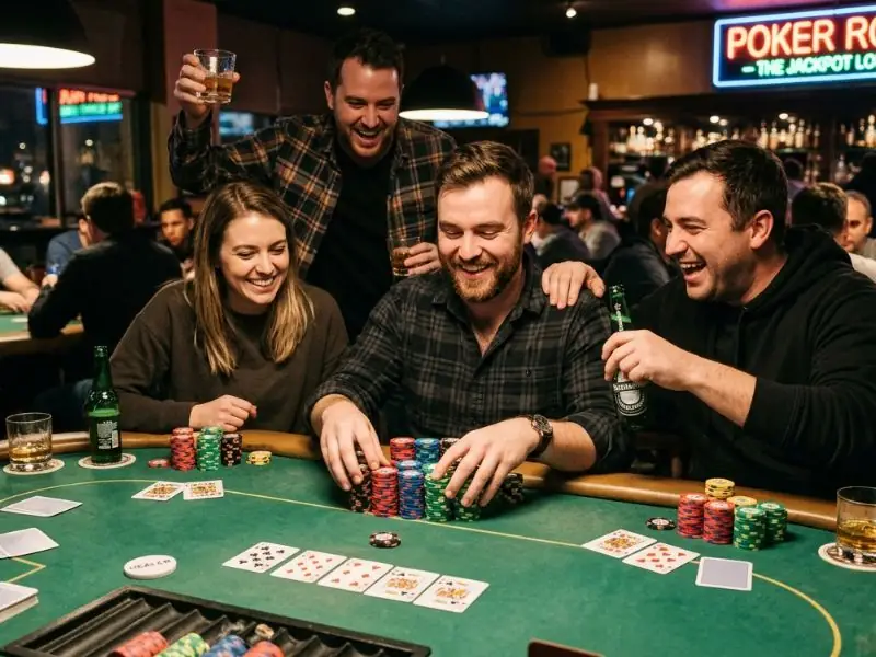 Buddy counting chips after a poker victory at a Zone online casino