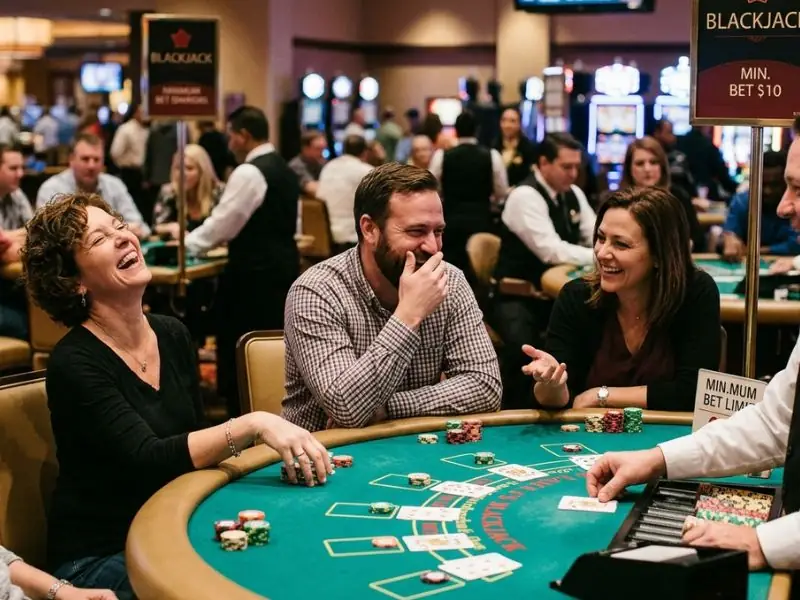 Friends laughing and enjoying a blackjack game together at a Zone online casino